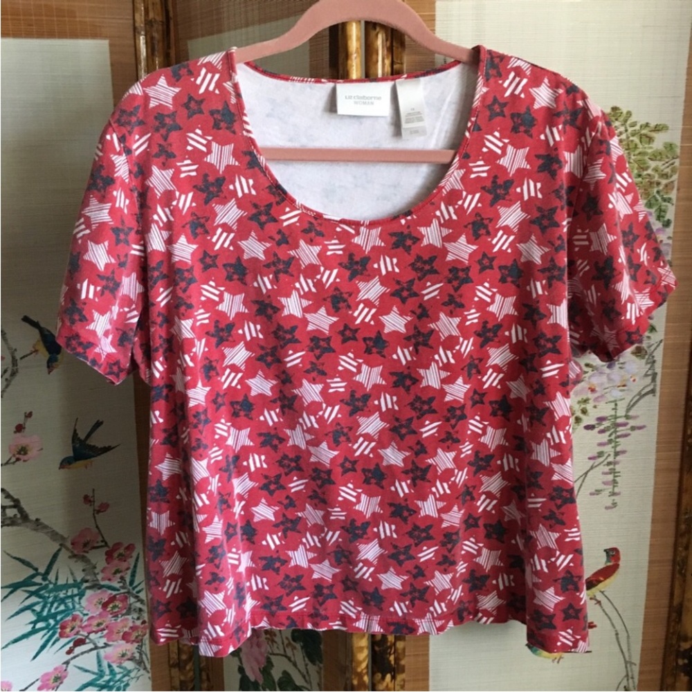 Liz Claiborne tee shirt patriotic red scoop neck stars stripes American holiday - Picture 2 of 7